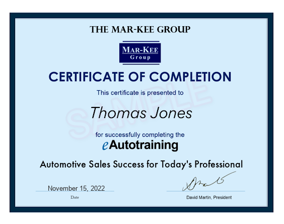 eAutotraining Certificate of Completion