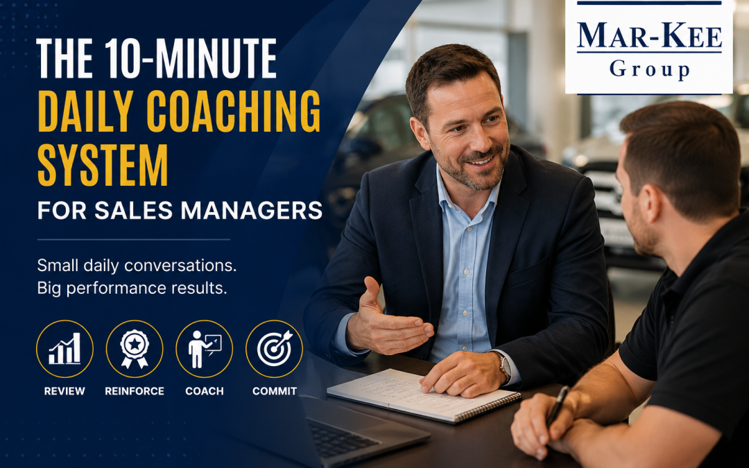 Mar-Kee Group featured image showing two sales professionals in a dealership discussing the 10-minute daily coaching system for sales managers.